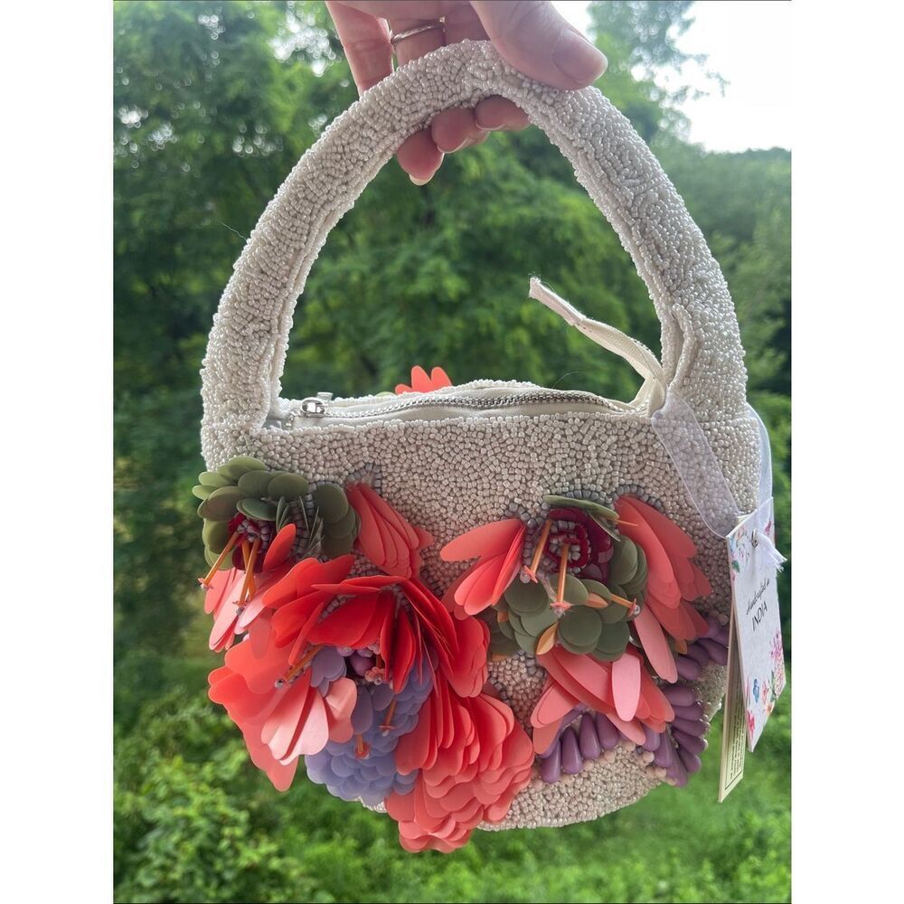 Beaded Cream Top-Handle Bag with Coral Floral Appliqué